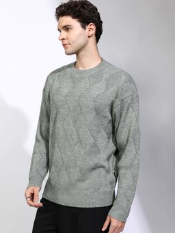 HIGHLANDER - Men Mid Grey and Melange Self Design Round Neck Sweater