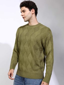 HIGHLANDER - Men Dried Herb Self Design Round Neck Sweater
