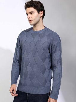 HIGHLANDER - Men Blue Self Design Round Neck Drop Shoulder Relaxed Sweater
