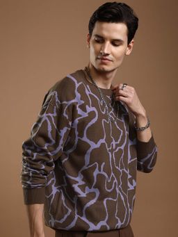 HIGHLANDER - Men Brown Round Neck Jacquard Sweater