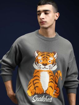 HIGHLANDER - Men Grey Round Neck Drop Shoulder Oversized Sweater