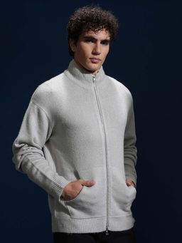 HIGHLANDER - Men Grey Front Open High Neck Sweater