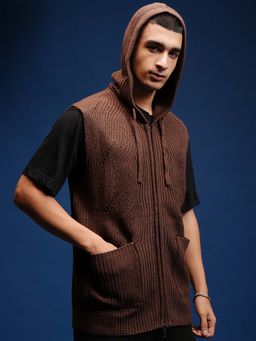 HIGHLANDER - Men Pinecone Sleeveless Self Design Hooded Sweater