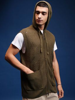 HIGHLANDER - Men Green Sleeveless Self Design Hooded Sweater