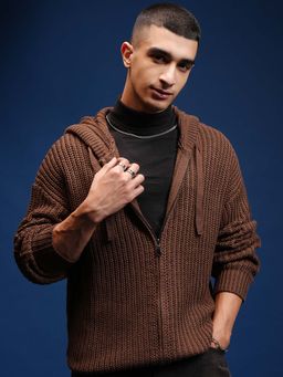 HIGHLANDER - Men Brown Self Design Zip Closure Hooded Sweater