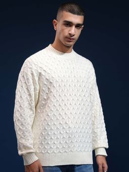 HIGHLANDER - Men Off White Self Design Round Neck Drop Shoulder Sweater