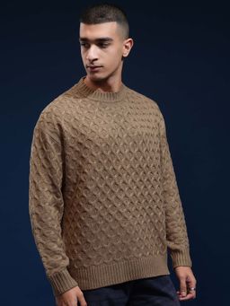HIGHLANDER - Men Brown Self Design Round Neck Drop Shoulder Oversized Sweater
