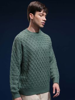 HIGHLANDER - Men Green Oversized Round Neck Full Sleeve Drop Shoulder Sweater