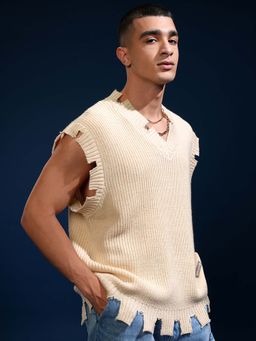 HIGHLANDER - Men Beige Sleeveless V Neck Sweater