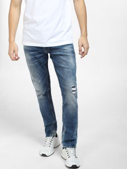 Jack & Jones - Blue Low Rise Distressed Glenn Slim Fit Jeans