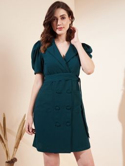 Magre - Teal Puff-Sleeves Blazer Dress with Belt (Set of 2)