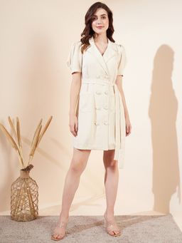 Magre - Beige Puff-Sleeves Blazer Dress with Belt (Set of 2)