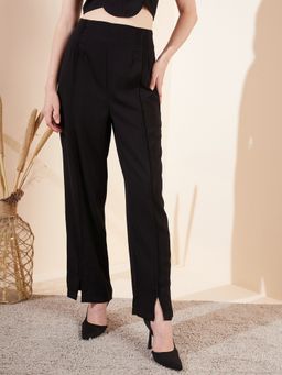 Magre - Black Front-Slit Straight Trousers