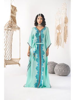 Chhavvi Aggarwal - Printed Kaftan Blue Dress with Belt (Set of 2)