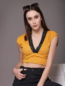 KASSUALLY - Yellow Rib Lace Crop Top
