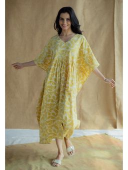 The Indian Ethnic Co. - Ifrah Mustard Print Slub Kaftan Dress
