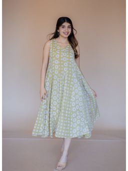 The Indian Ethnic Co. - Seher Green Batik MulMul Kali Dress with Slip