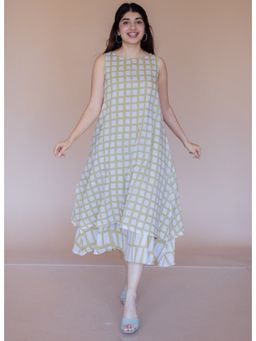 The Indian Ethnic Co. - Asfia Green Batik MulMul A Line Dress with Slip