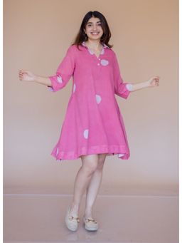 The Indian Ethnic Co. - Misha Pink Batik MulMul Shirt Dress with Slip