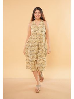 The Indian Ethnic Co. - Eira Beige Ajrakh Cotton A Line Dress