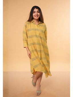 The Indian Ethnic Co. - Ridah Yellow Ajrakh Modal Silk Shirt Dress