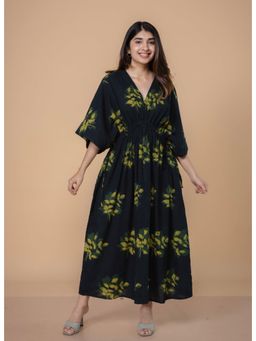 The Indian Ethnic Co. - Jiana Green Dabu Slub Cotton Kaftan Dress
