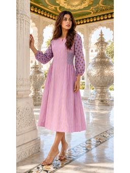 EKOHUM - Pink Block Printed Cotton Dress with Hand Work on Neck