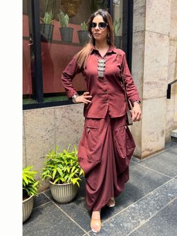 Ishnya - Brown Rezaar Drape Skirt with Shirt