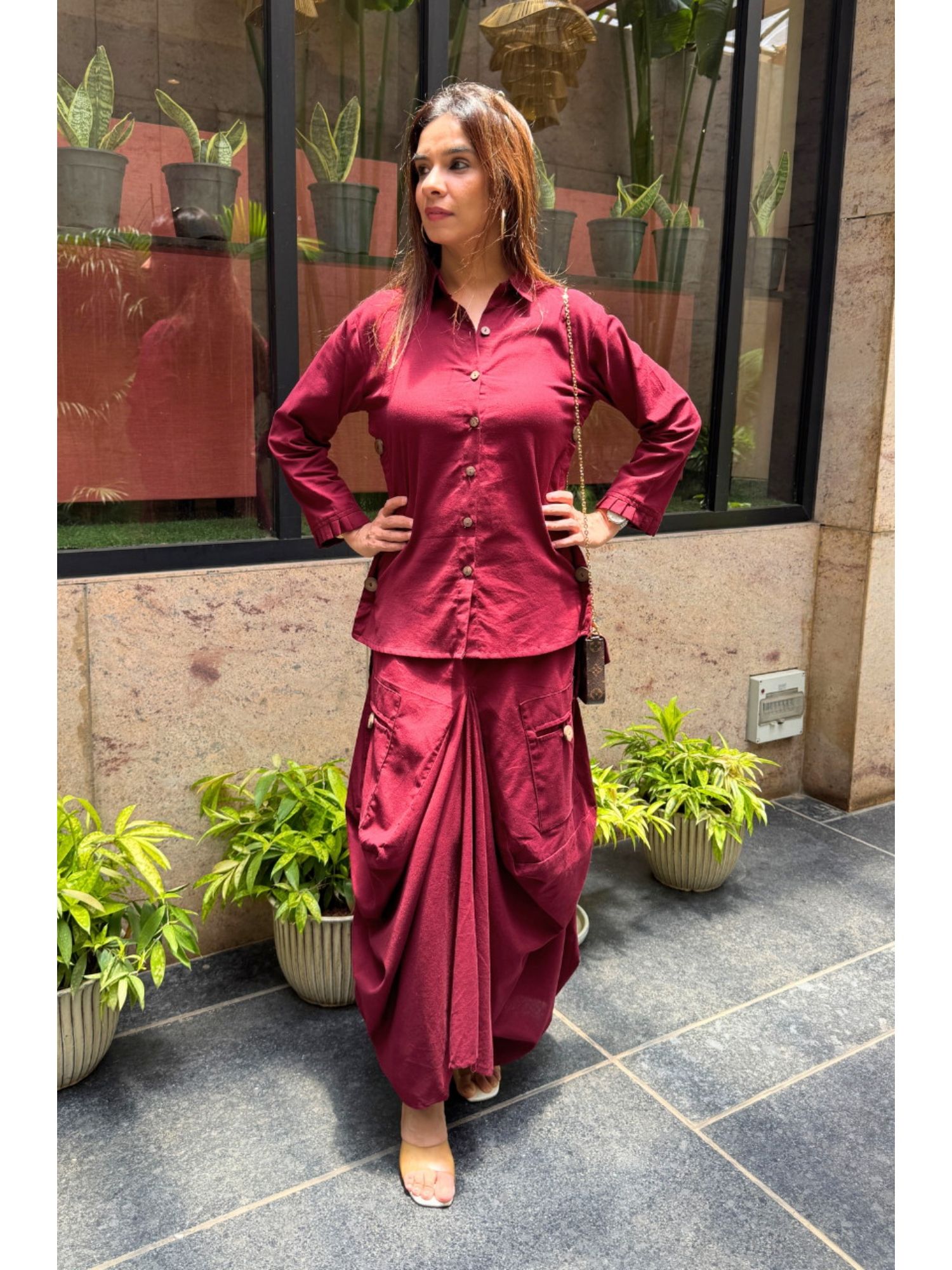 ishnya Maroon Rezaar Drape Skirt with Shirt-picture-0