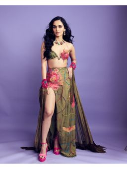 Rishi & Vibhuti - Mehbooba Green Bralette with Cape and Skirt