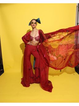 Rishi & Vibhuti - Poo Red Bralette with Cape and pant