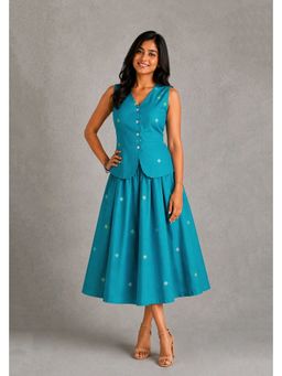 Sutra Art of Clothing - Teal Yantra Motif Jamdani 3/4 Sleeve Top With Skirt