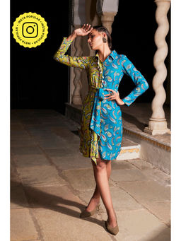 MONK & MEI - Masakali Shirt Dress - Grass Green And Teal Blue
