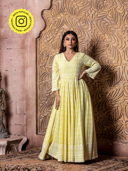 MONK & MEI - Falak Yellow Embroidered Dress