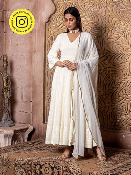 MONK & MEI - Falak-Long Anarkali Embroidered Dress and Chiffon Dupatta (Set of 2)