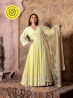 MONK & MEI - Falak- Yellow Long Anarkali Embroidered Dress and Yellow Zari Dupatta (Set of 2)