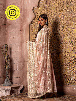 MONK & MEI - Falak- Pink Long Anarkali Embroidered Dress and Pink Zari Dupatta (Set of 2)