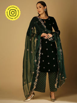 MONK & MEI - Ruhani-Kurta Palazzo Dupatta - Green (Set Of 3)