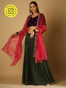 MONK & MEI - Roza-Lehenga Blouse Dupatta - Violet, Magenta And Green (Set Of 3)
