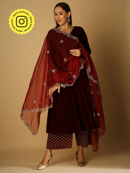 MONK & MEI - Zareen-Long Kurta And Palazzo With Dupatta-Maroon (Set Of 3)