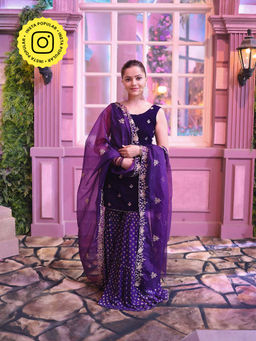 MONK & MEI - Cyra-Short Kurta And Sharara With Dupatta-Purple (Set Of 3)