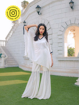 MONK & MEI - Suraiya Chikankari Kaftan & Sharara- White (Set of 2)