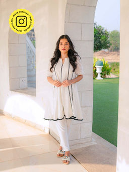 MONK & MEI - Mumtaz Chikankari Anarkali Kurta & Pants- White (Set of 2)