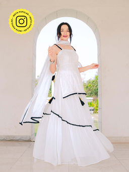 MONK & MEI - Sharmila Chikankari Kurta Lehenga Skirt & Dupatta- White (Set of 3)