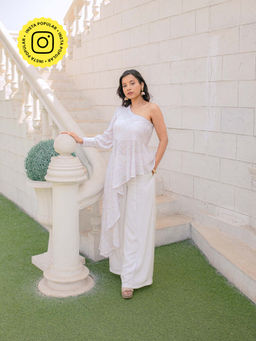 MONK & MEI - Zeenat Chikankari Top & Palazzo Pants- White (Set of 2)