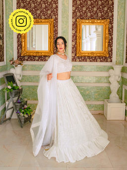 MONK & MEI - Masoom Chikankari Lehenga with Stitched Blouse & Dupatta- White (Set of 3)