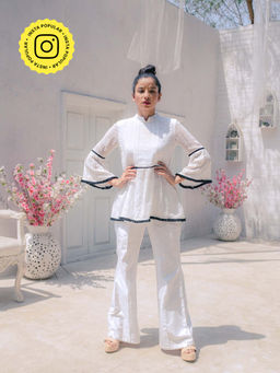 MONK & MEI - Nazm Flared Chikankari Top & Pants- White (Set of 2)