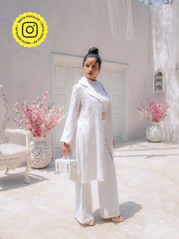MONK & MEI - Inayat Chikankari Top Pants & Jacket- White (Set of 3)