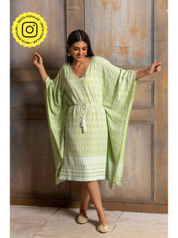 MONK & MEI - Ada-Chikankari Pista Green Kaftan Dress