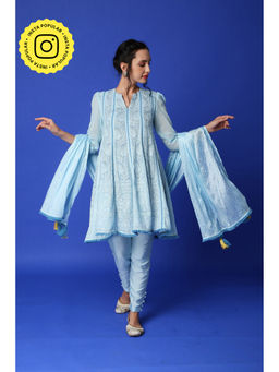 MONK & MEI - Mumtaz Chikankari Anarkali Kurta - Pant & Dupatta - Ice Blue